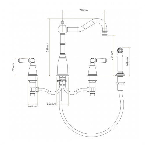 Bidbury & Co Stockwell 4 Hole Mixer Tap with Metal Lever Handles and Side Spray