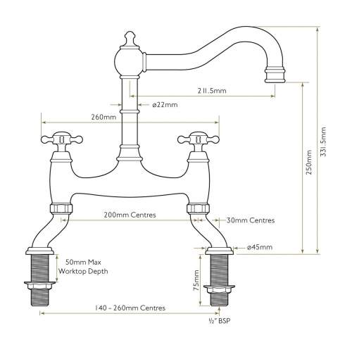 Bidbury and Co Fairford Patinated Brass Twin Lever Bridge Tap with Crosshead Handles