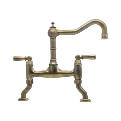 Bidbury and Co Henbury Twin Lever Patinated Brass Bridge Tap with Metal Handles