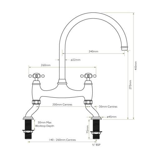 Bidbury and Co Sherborne Patinated Brass Twin Lever Bridge Tap with Crosshead Handles