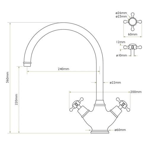 Bidbury and Co Yorkley Patinated Brass Twin Lever Monobloc Tap with Crosshead Handles