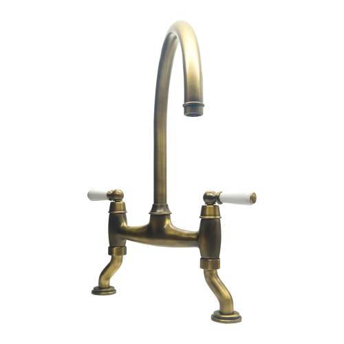 Bidbury and Co Moreton Twin Lever Patinated Brass Bridge Tap with Porcelain Handles