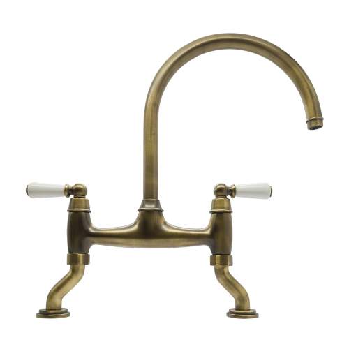 Bidbury and Co Moreton Twin Lever Patinated Brass Bridge Tap with Porcelain Handles