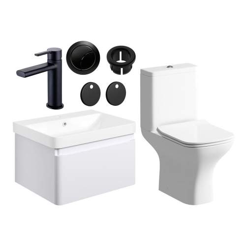 Bluci Elba 600mm Basin Unit and WC Pack - Matt White with Black Tap