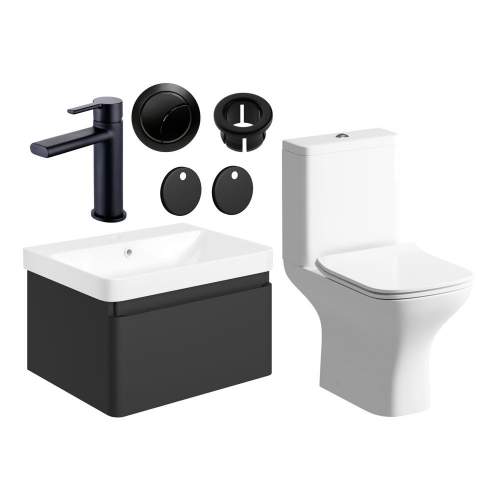 Bluci Elba 600mm Basin Unit and WC Pack - Matt Black with Black Tap