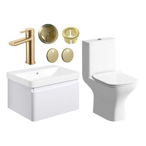 Bluci Elba 600mm Basin Unit and WC Pack - Matt White with Brushed Brass Tap