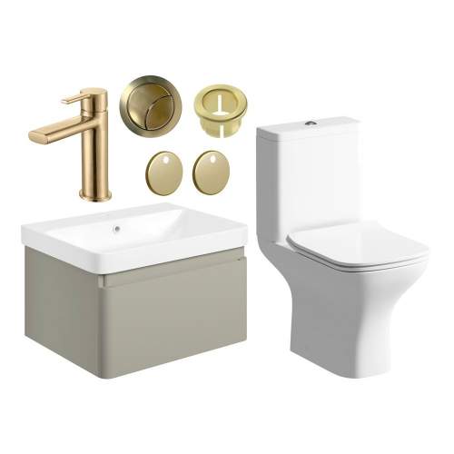 Bluci Elba 600mm Basin Unit and WC Pack - Matt Latte with Brushed Brass Tap