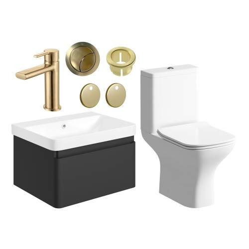 Bluci Elba 600mm Basin Unit and WC Pack - Matt Black with Brushed Brass Tap