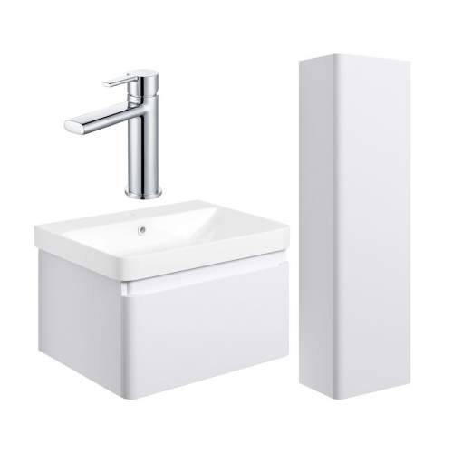 Bluci Elba 600mm Basin Unit & Tall Unit Pack - Matt White with Chrome Tap