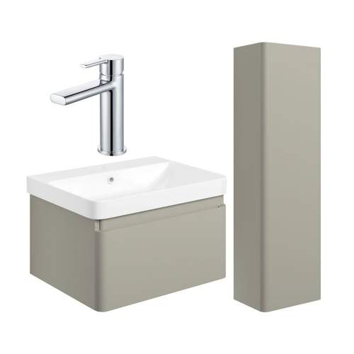 Bluci Elba 600mm Basin Unit & Tall Unit Pack - Matt Latte with Chrome Tap