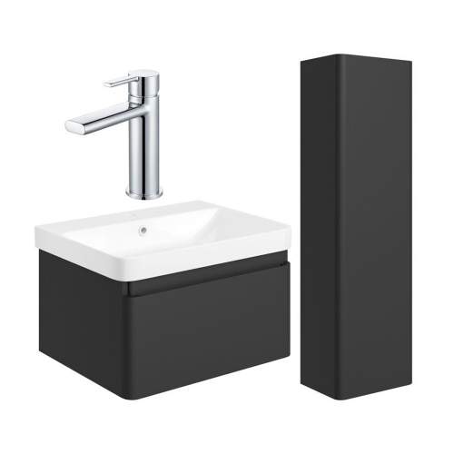 Bluci Elba 600mm Basin Unit & Tall Unit Pack - Matt Black with Chrome Tap