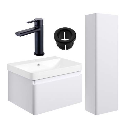 Bluci Elba 600mm Basin Unit & Tall Unit Pack - Matt White with Black Tap