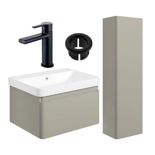 Bluci Elba 600mm Basin Unit & Tall Unit Pack - Matt Latte with Black Tap