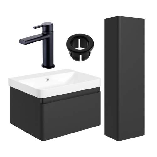 Bluci Elba 600mm Basin Unit & Tall Unit Pack - Matt Black with Black Tap