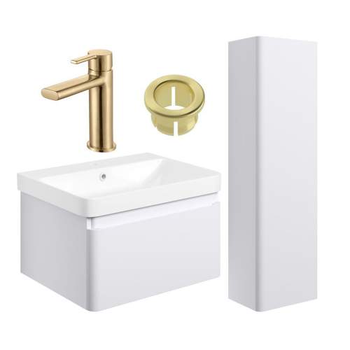 Bluci Elba 600mm Basin Unit and Tall Unit Pack - Matt White with Brushed Brass Tap