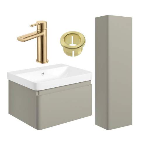 Bluci Elba 600mm Basin Unit and Tall Unit Pack - Matt Latte with Brushed Brass Tap