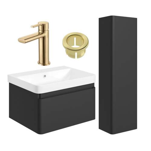 Bluci Elba 600mm Basin Unit and Tall Unit Pack - Matt Black with Brushed Brass Tap